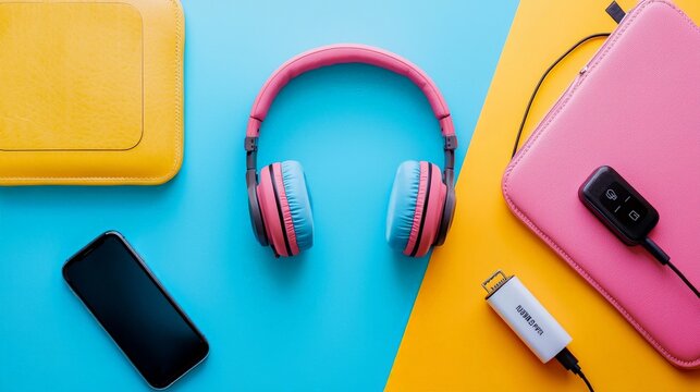 Flat lay of colorful tech accessories including headphones, smartphone, and portable devices