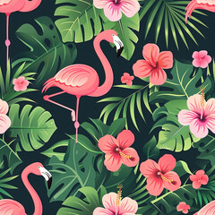 Seamless cartoon pattern of flamingoes in bright pink against a background of tropical leaves.
