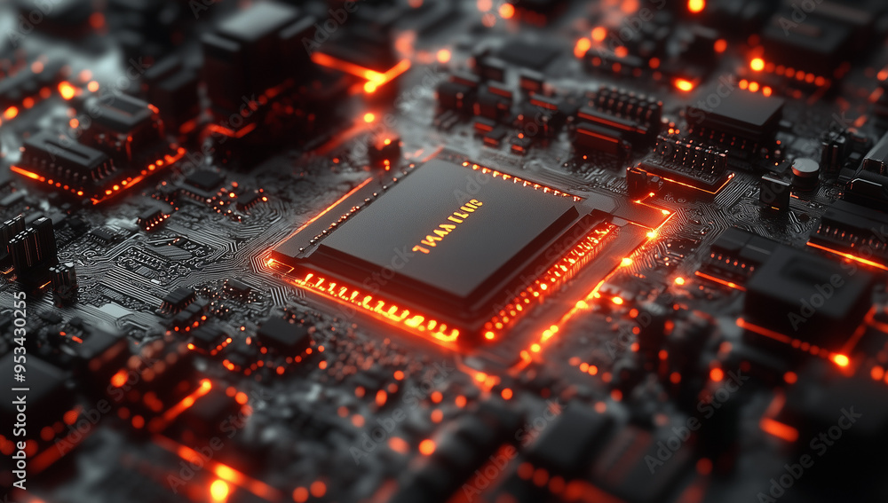 Poster a close up of an advanced circuit board with glowing red and black components, showcasing the power 
