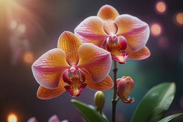 Vibrant Portrait of Pink and Orange Orchid Blossoms with Glowing Lights in Dreamy, Ethereal Background