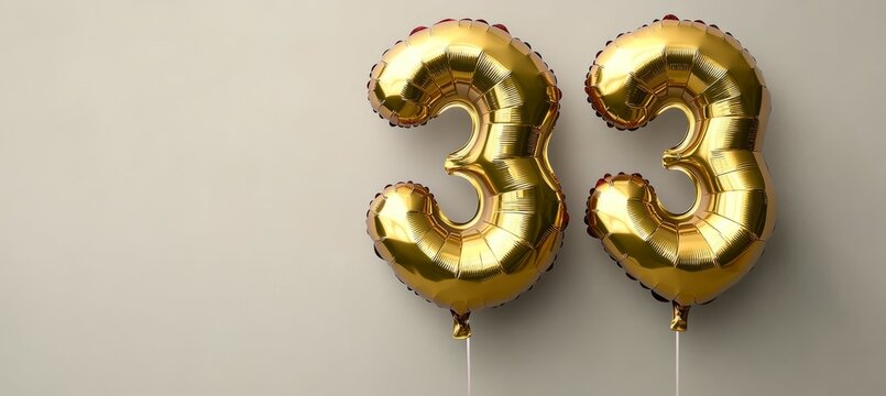 Number 33 golden balloon on white background. Birthday anniversary wedding party event. Generative AI technology.	
