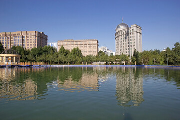 Modern buildings view from Rudaki Park, Dushanbe, Tajikistan