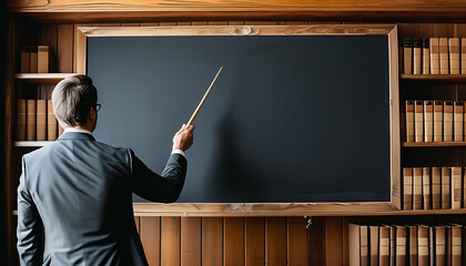 An individual standing in front of a large blackboard holding a pointer and pointing at the blackboard
