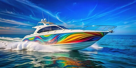 Vibrant colorful abstract wave pattern wrap design on a sleek white powerboat speeding across calm turquoise ocean waters under a bright sunny blue sky.