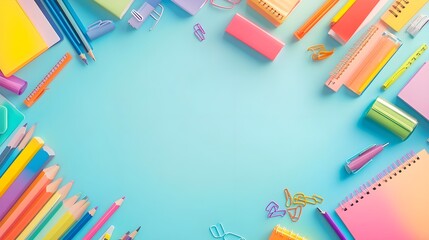 Fototapeta premium Colorful School Supplies on Blue Background - Back to School