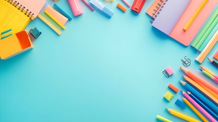 Fototapeta premium Colorful School Supplies on Blue Background