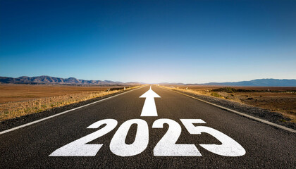Road with a white arrow indicating directions and the number 2025 written in white on the road.