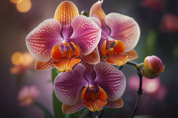 Vibrant Portrait of Pink and Orange Orchid Blossoms with Glowing Lights in Dreamy, Ethereal Background