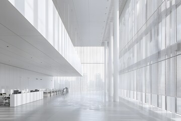 A photo of a large white open office space interior with modern furniture, desks and computers in front of big windows overlooking the city. A minimalistic style, 