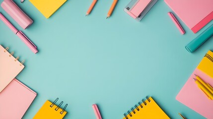 Colorful Stationery Flat Lay, Blue Background, Copy Space