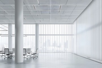 A photo of a large white open office space interior with modern furniture, desks and computers in front of big windows overlooking the city. A minimalistic style, 