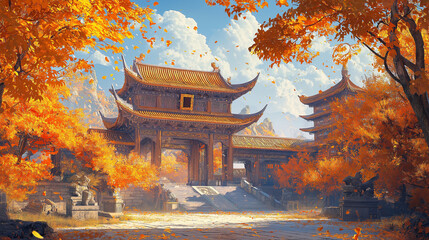 beautiful Chinese ancient classical architecture in golden autumn with enough sunshine, scene for online game concept design