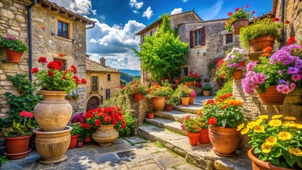Naklejka premium Vibrant colorful flowers spill from ancient stone vases in a picturesque Italian village, surrounded by rustic stone buildings, vines, and lush greenery under a bright blue sky.