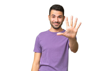 Naklejka premium Young handsome caucasian man over isolated background counting five with fingers