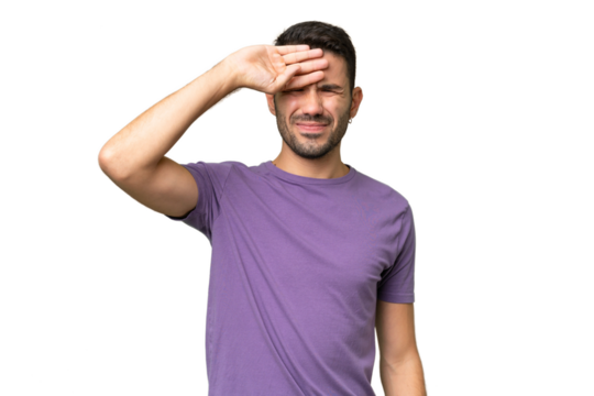 Young handsome caucasian man over isolated background with tired and sick expression