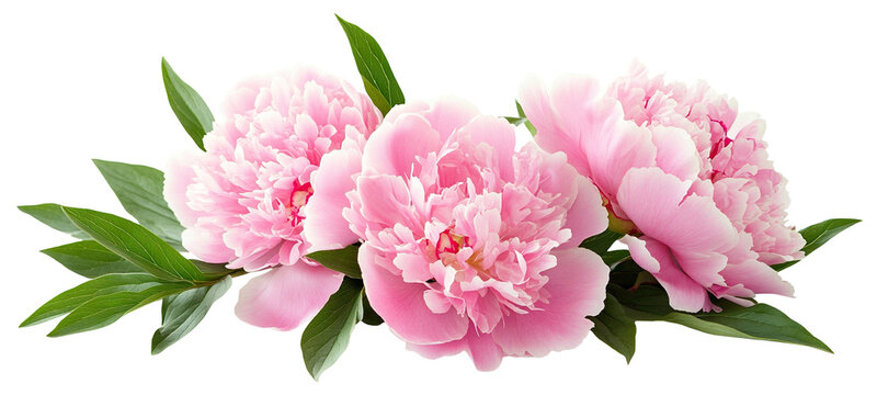 Fresh pink peony flowers with green leaves, cut out