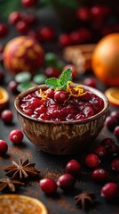 Delicious cranberry sauce adorned with mint and orange zest, perfect for festive gatherings and holiday celebrations.
