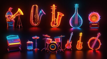 Neon sign illustration with glowing text and bright colors, perfect for holiday design or school projects