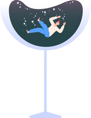 Alcohol drink glass with drowning man. Depression concept