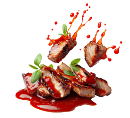 Delicious barbecue meat pieces splashing into tomato ketchup, cut out