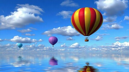 Obraz premium A group of colorful hot air balloons floating over a serene body of water beneath a blue sky, dotted with fluffy white clouds