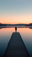 Naklejka premium Peaceful Determination: A Serene Figure at Sunset onTranquil Lake Dock