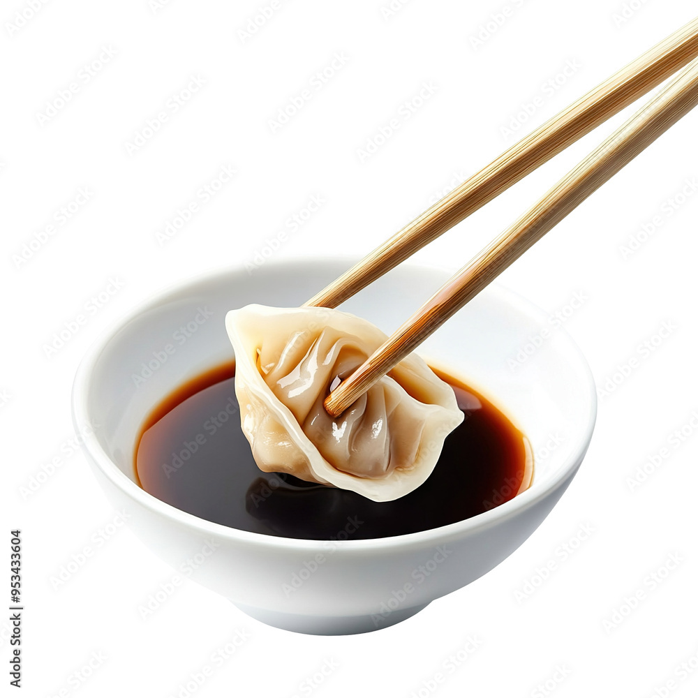 Wall mural Delicious dumpling dipping into soy sauce, held by chopsticks, cut out