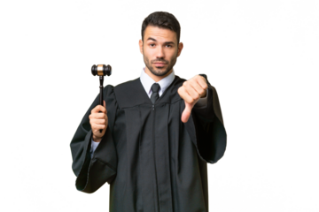 Judge caucasian man over isolated background showing thumb down with negative expression