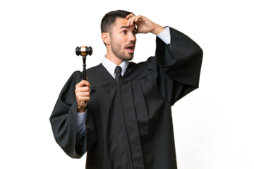 Judge caucasian man over isolated background doing surprise gesture while looking to the side