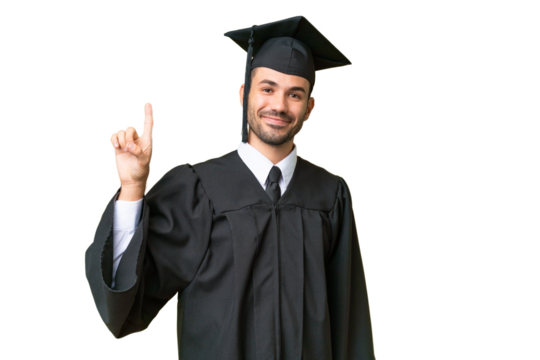 Young university graduate man over isolated background showing and lifting a finger in sign of the best