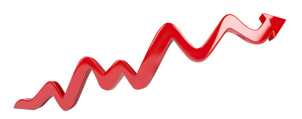 Red upward arrow graph showing rising trend, cut out