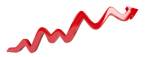 Red upward arrow graph showing rising trend, cut out