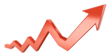 Red upward arrow graph showing rising trend, cut out