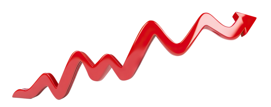 Red upward arrow graph showing rising trend, cut out