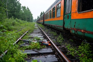 Obraz premium A post-apocalyptic train graveyard, with derelict locomotives, twisted tracks, and a sense of forgotten transportation, desolate, rail wasteland, remnants of mobility, abandoned junction, rusted