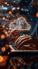 An image shows a person typing on a laptop with a cloud icon above it. The background is dark blue, enhancing the interaction between the individual and the device.