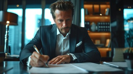 A focused professional in a gray suit signs a document in a well-lit office. Clock and snacks indicate time management and balance between work and breaks.