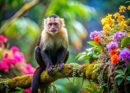 Vibrant colors surround a curious capuchin monkey perched on a moss-covered tree branch, amidst lush foliage and exotic flowers in a tropical rainforest habitat.