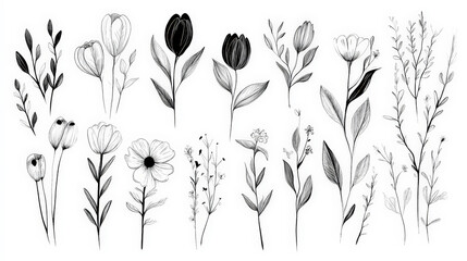 Naklejka premium Trendy set of black silhouettes of flowers on a white background, made with ink, rough brushstrokes. Generative AI
