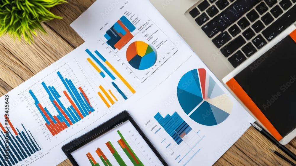 Poster top view of a business desk with papers, a laptop, and a tablet showing different types of graphs, i