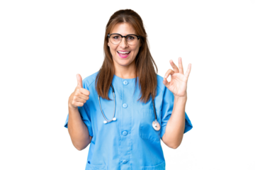 Middle age nurse woman over isolated background showing ok sign and thumb up gesture