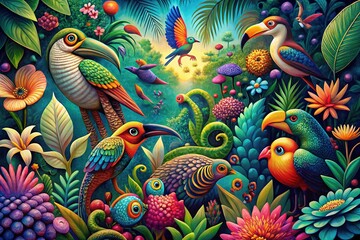 Fototapeta premium Vibrant colors swirl in whimsical illustrations, featuring fantastical creatures, tropical landscapes, and intricate patterns, evoking a timeless and playful art style.