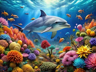 Vibrant coral reef scene featuring a majestic dolphin fish swimming amidst schools of small fish, surrounded by seaweed and colorful ocean anemones.