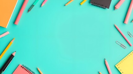Turquoise Background with School Supplies - Flat Lay