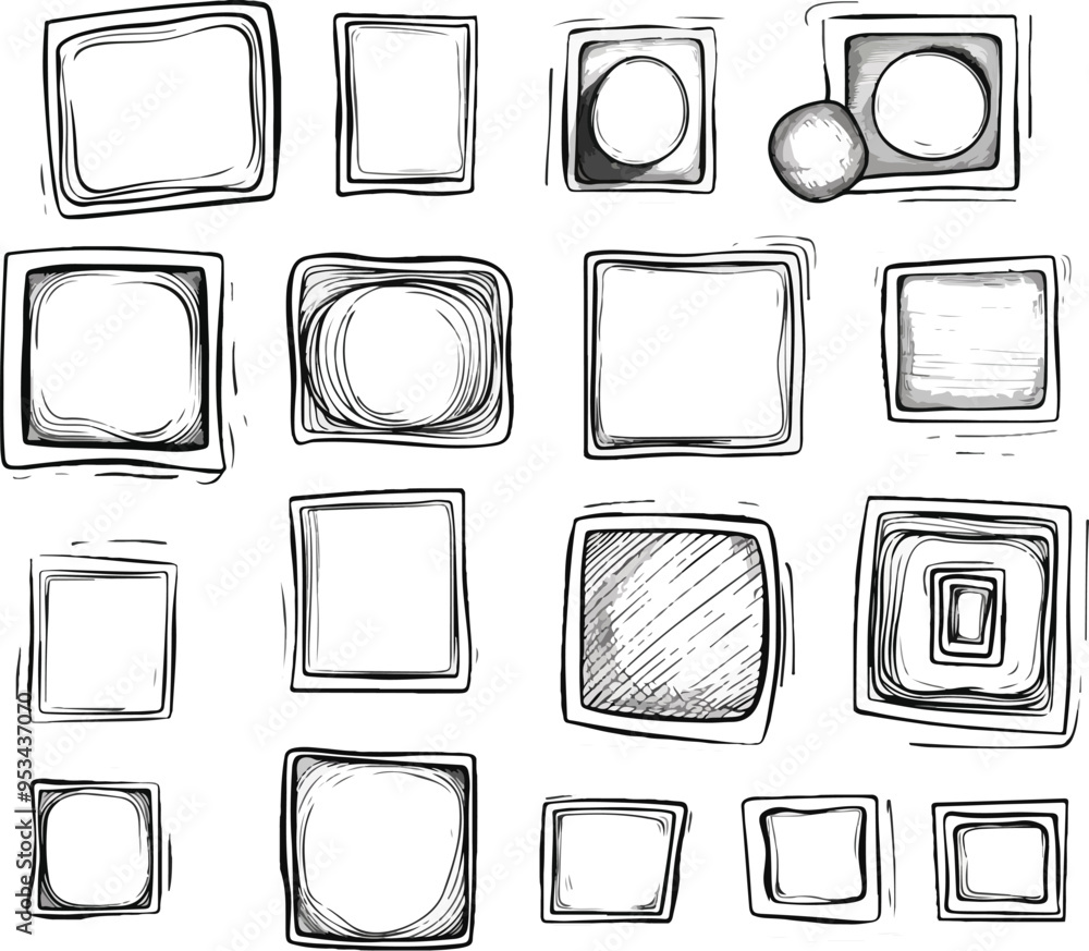 Poster charcoal doodle scribble hand drawn frames rectangular square circular shapes sketch style design el