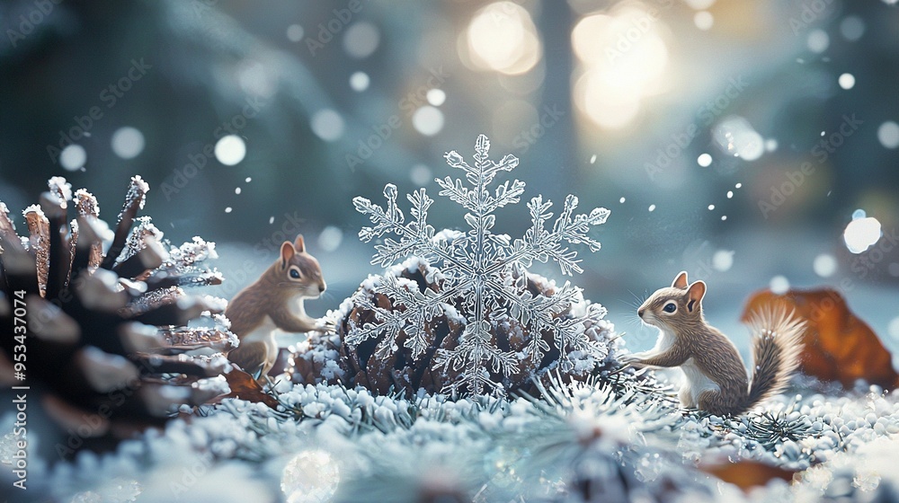 Poster a cluster of squirrels perched atop a mound of snow alongside a conifer cone encrusted with snow