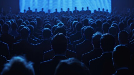 Conference Audience in Dark Suits Facing Large Blue Screen