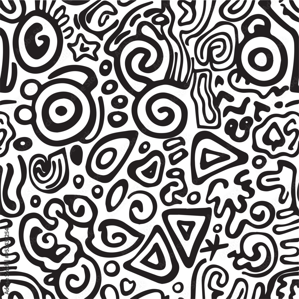 Aufkleber seamless abstract charcoal doodle pattern swirls lines circles and triangles perfect for modern fash