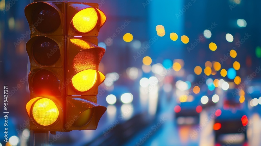 Poster traffic light with a yellow signal illuminated, set against a busy urban backdrop with cars and blur