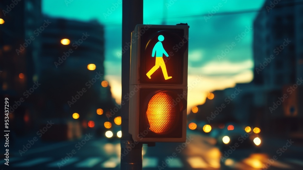 Poster traffic light with a pedestrian crossing signal illuminated, showing a walking figure, set against a